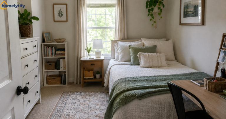 How to organize a messy small guest room with dresser, storage baskets, bookshelf, and cozy bed styling ideas