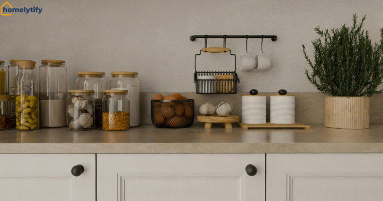 How to organize a small kitchen with no pantry using labeled jars, a wall rail, and open counter storage