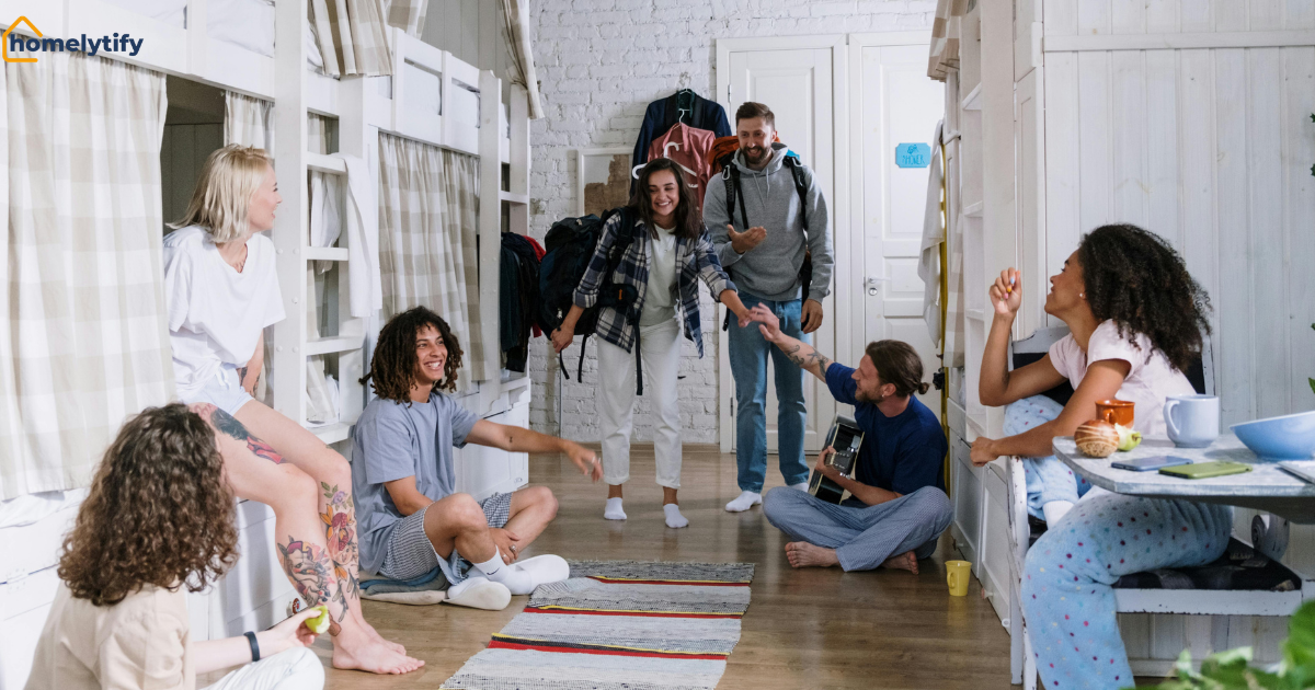 How to organize an apartment with roommates — friends bonding in a shared living space with bunk beds, backpacks, and a guitar