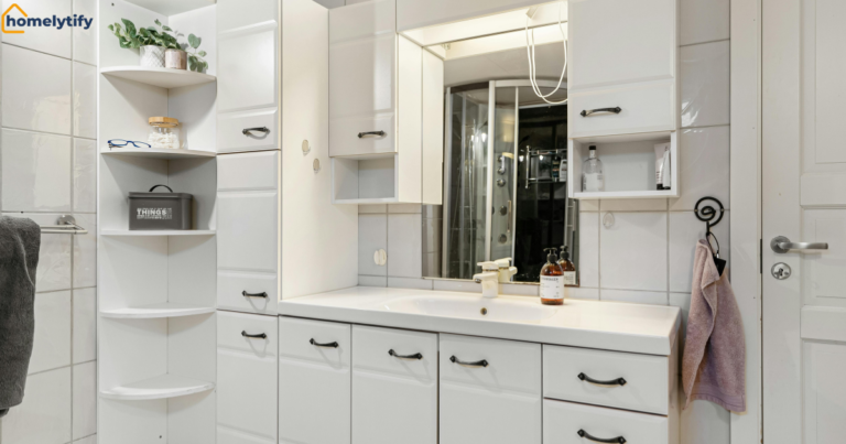 How to organize bathroom drawers and counters with corner shelves, cabinets, and clutter-free vanity storage