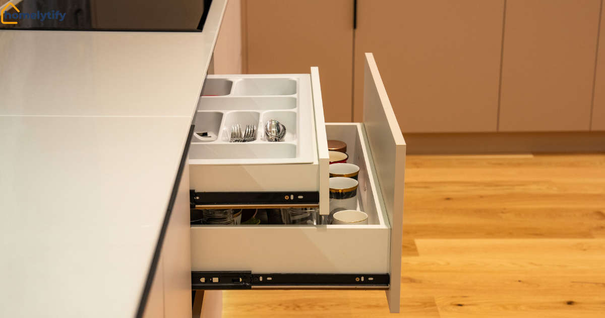 Pull-out kitchen drawer with cutlery tray and mugs, showing how to organize kitchen drawers without dividers.
