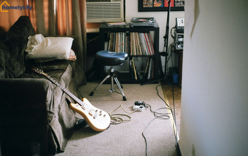 iving room turns into a cable jungle with tangled guitar pedal wires on the floor