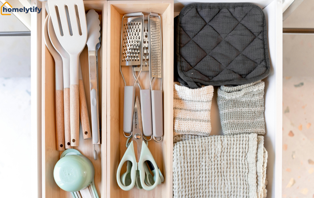 Make your drawers work harder with divided utensils, graters, and folded towels