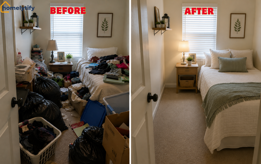 Organize a messy small guest room before and after, transforming clutter with trash bags and boxes into a tidy bed and nightstand setup