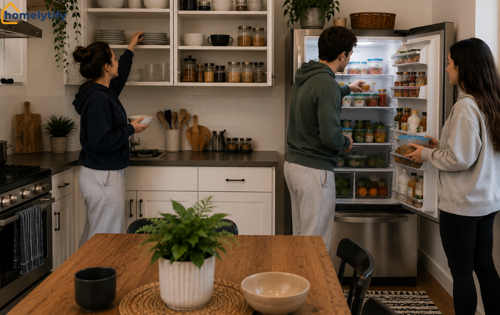 Organize a shared kitchen — roommates arranging dishes, labeling shelves, and sorting organized fridge bins with clear containers
