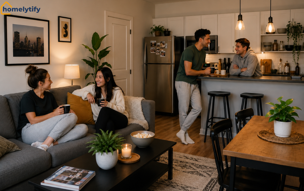 Organize an apartment with roommates — shared living room and kitchen with friends relaxing over coffee and snacks