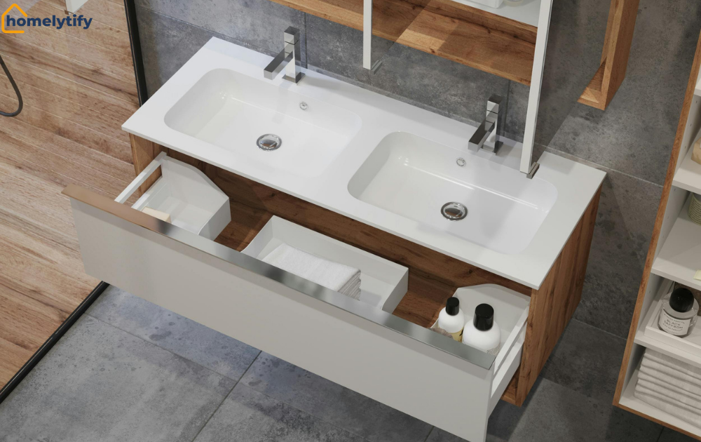 Organize bathroom drawers and counters with a double vanity's built-in drawer dividers