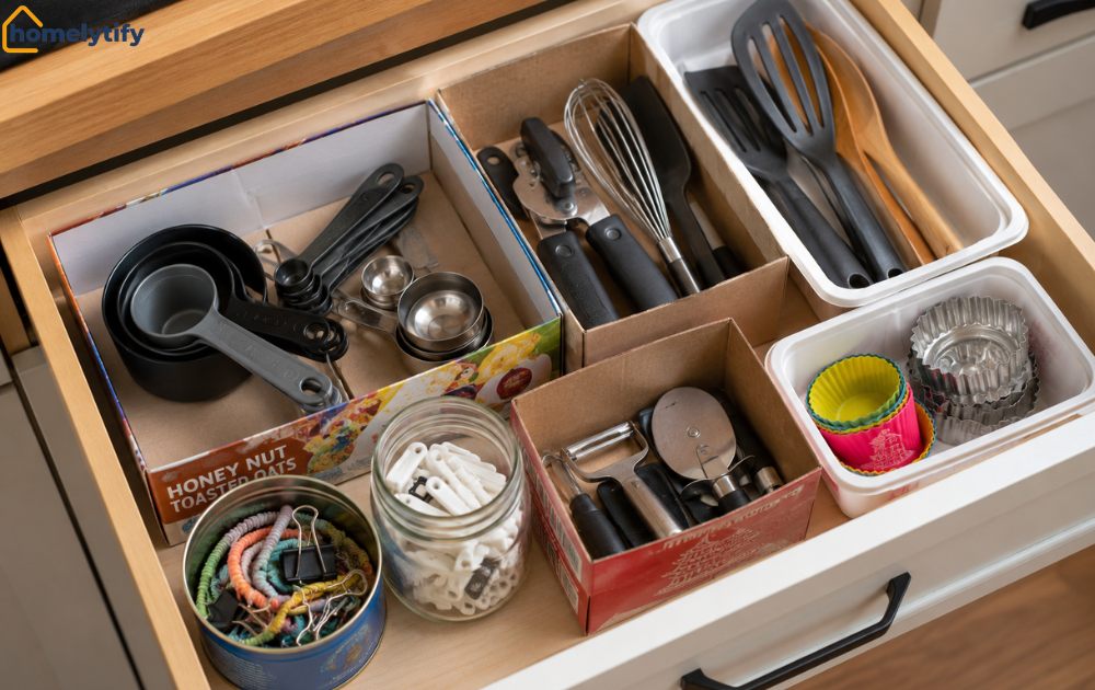 Kitchen drawer using cereal boxes and jars as bins, a clever way to organize kitchen drawers without dividers.