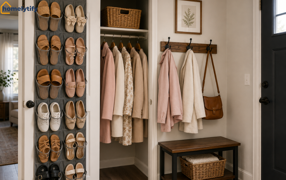 Over-the-door shoe organizer entryway setup with a closet, coat hooks, wooden bench, and woven storage baskets.