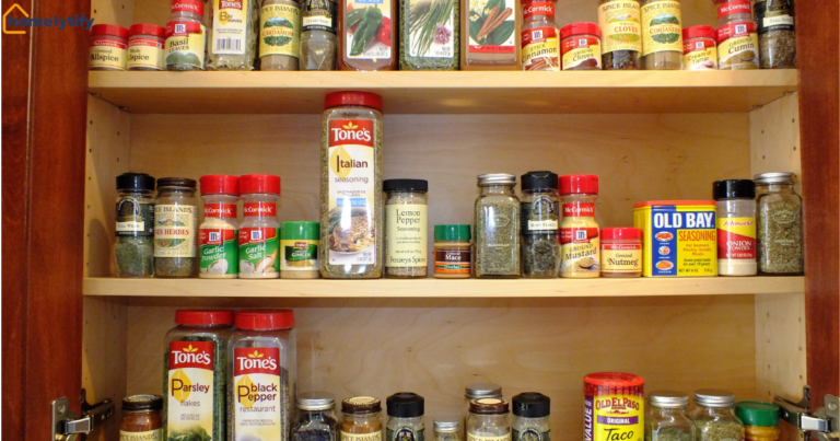 Budget-friendly pantry organization ideas on a budget showing spice jars neatly arranged by size on wooden cabinet shelves