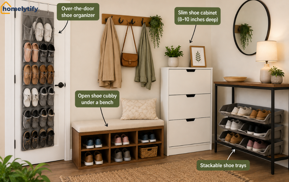 Shoe storage solutions including an over-the-door organizer, open cubby bench, slim cabinet, and stackable trays in an entryway.