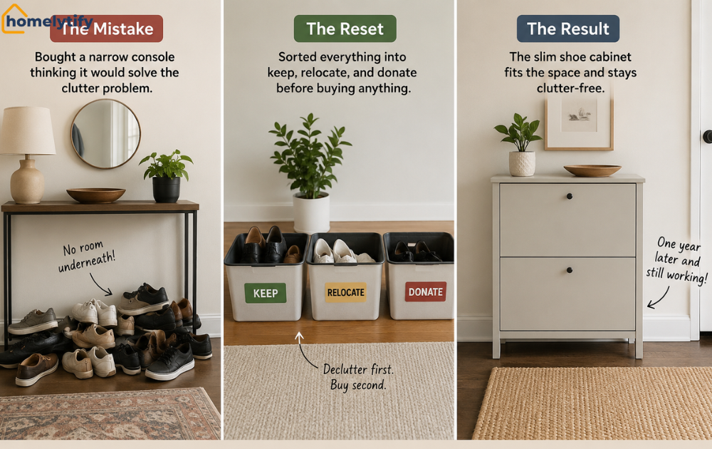 Before and after small entryway organization with a slim shoe cabinet and decluttering process
