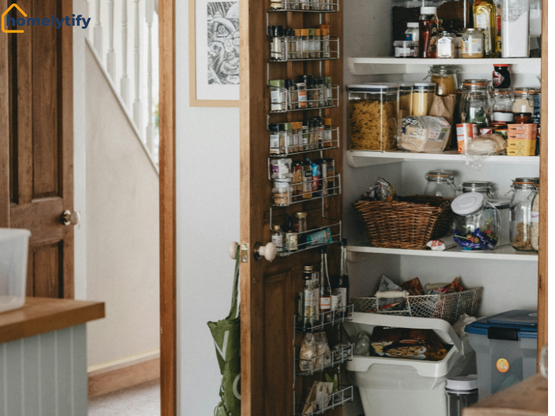 Small pantry organization with door-mounted spice racks and white shelves storing jars and baskets