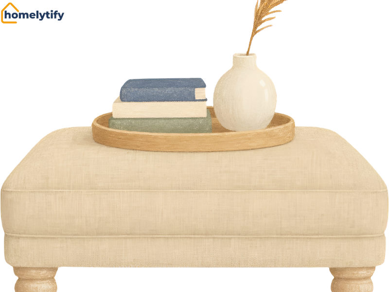 Beige storage ottoman used as a coffee table, topped with a wooden tray, books, and a decorative vase for stylish living room storage.