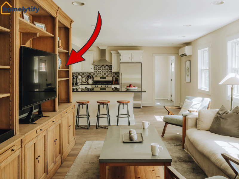 TV stand with shelves or cabinets in a wooden wall unit, offering built-in storage in an open-concept living room and kitchen space.