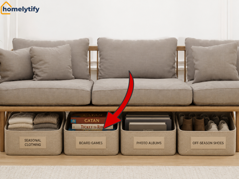 Use under sofa storage containers labeled for clothing, board games, photo albums, and shoes to organize a small living room efficiently