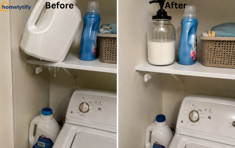 Laundry shelf before and after organization, from a dripping detergent jug to a neat glass dispenser and woven basket