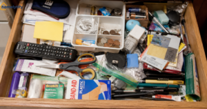 Cluttered junk drawer with pens, scissors, and coins — how to organize a junk drawer