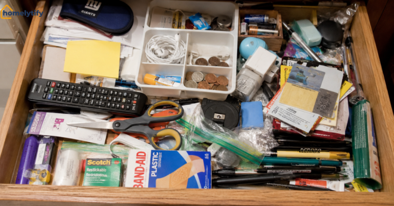 Cluttered junk drawer with pens, scissors, and coins — how to organize a junk drawer