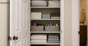 Deep shelf linen closet organized with folded towels, bedding, and baskets — how to organize a linen closet with deep shelves.