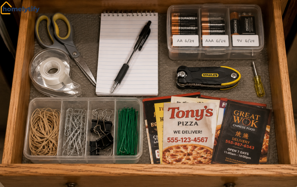 Organized junk drawer showing keep and toss items — scissors, batteries, notepad, and takeout menus
