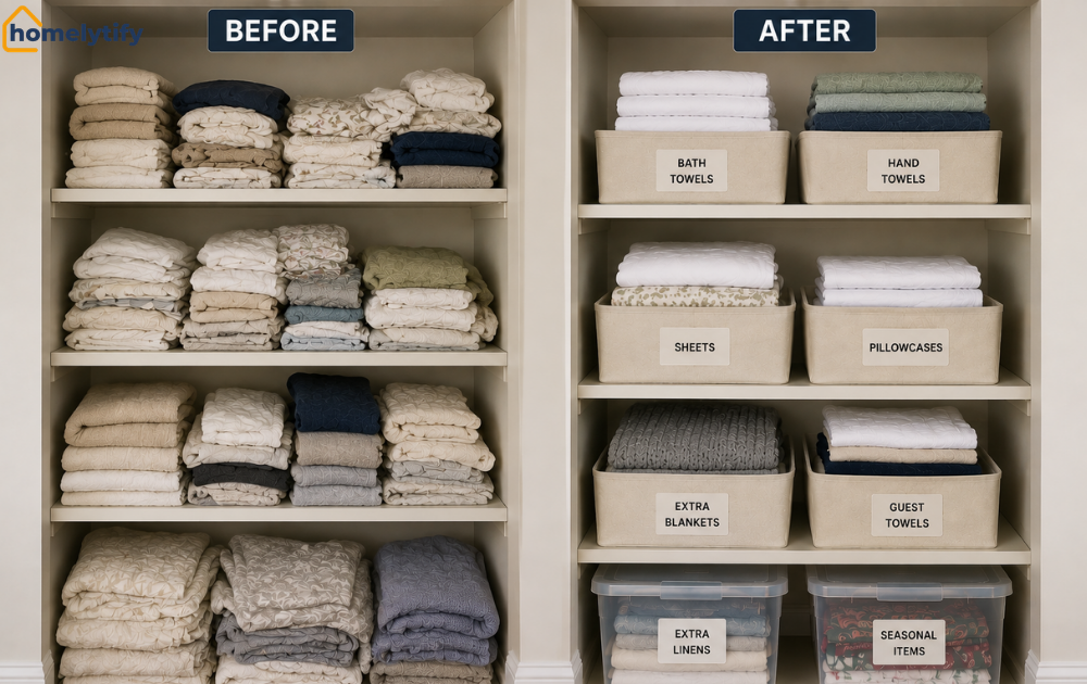 Linen closet with deep shelves organized using bins, baskets, and folded towels — great example of how to organize a linen closet with deep shelves.