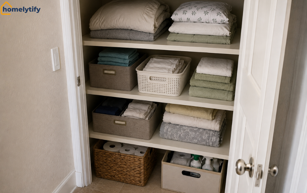 Deep shelves with bins and folded towels — how to organize a linen closet with deep shelves.