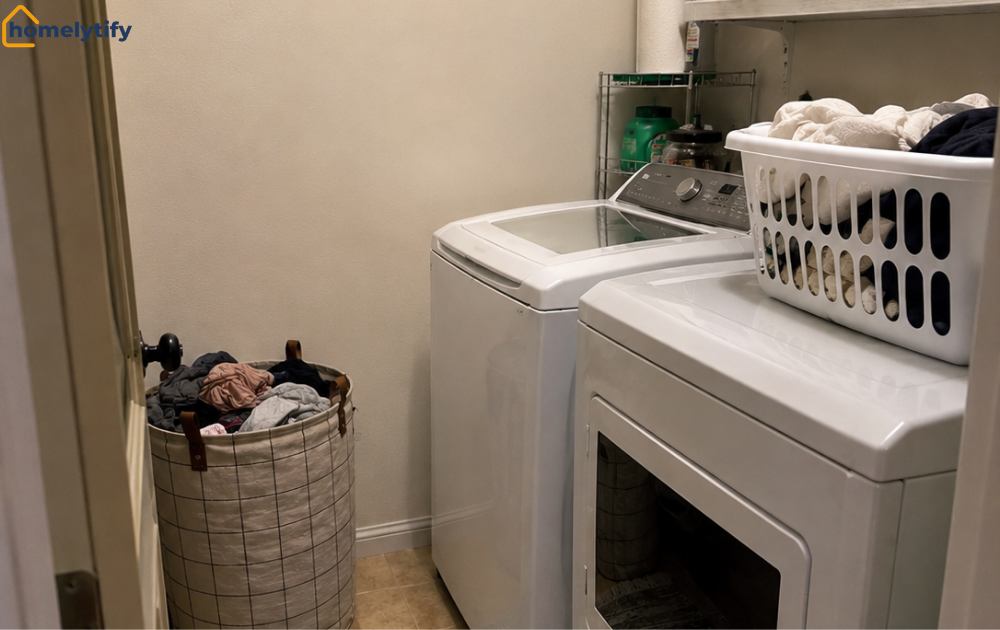Small laundry rooms get cluttered quickly with overflowing hampers and baskets piled beside a top-load washer and dryer